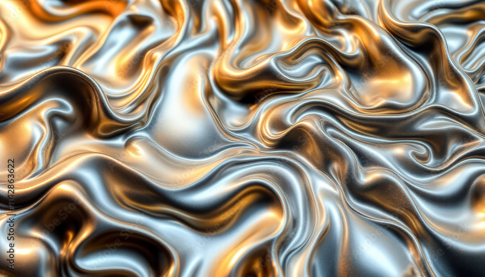 Obraz premium Liquid metallic textures in swirling shades of gold and silver, reflecting light to create a futuristic design that captures a sense of movement and elegance, perfect for modern aesthetics. 