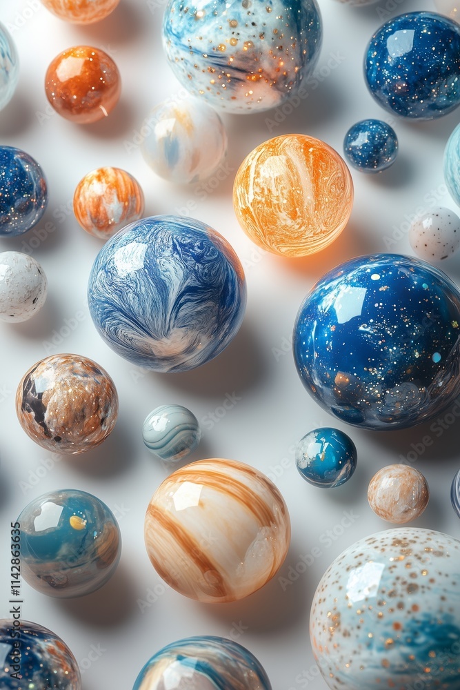 Colorful glass spheres with marbled textures in blue, orange, and purple create eco aesthetic. Glossy orbs evoke planets, blending vivid natural and cosmic elements, glowing under light. Colorful glass spheres with marbled textures in blue, orange, and purple create eco aesthetic. Glossy orbs evoke planets, blending vivid natural and cosmic elements, glowing under light.