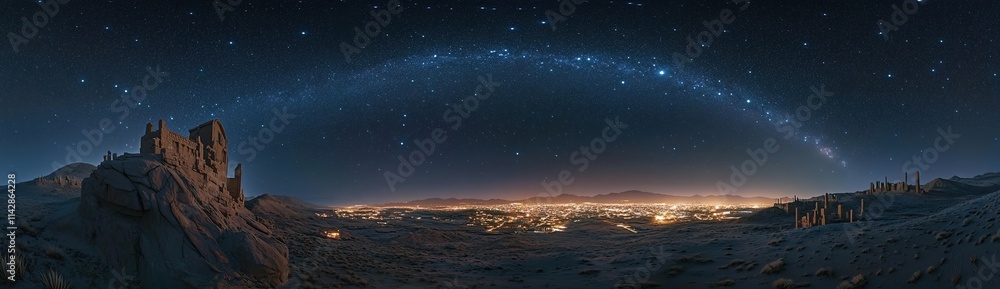 Panoramic photograph of the night sky over an ancient city on another planet, with a desert landscape and starry sky. Panoramic photograph of the night sky over an ancient city on another planet, with a desert landscape and starry sky.