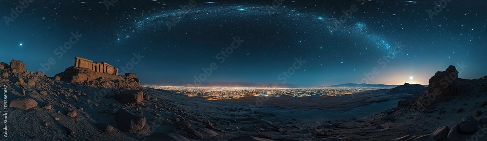 Panoramic photograph of the night sky over an ancient city on another planet, with a desert landscape and starry sky. Panoramic photograph of the night sky over an ancient city on another planet, with a desert landscape and starry sky.