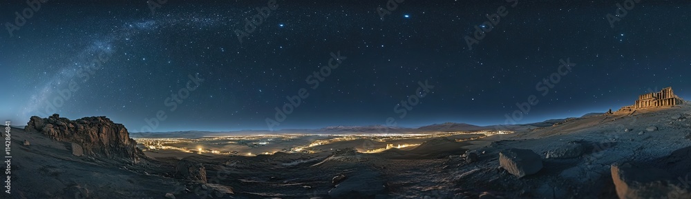 Panoramic photograph of the night sky over an ancient city on another planet, with a desert landscape and starry sky. Panoramic photograph of the night sky over an ancient city on another planet, with a desert landscape and starry sky.