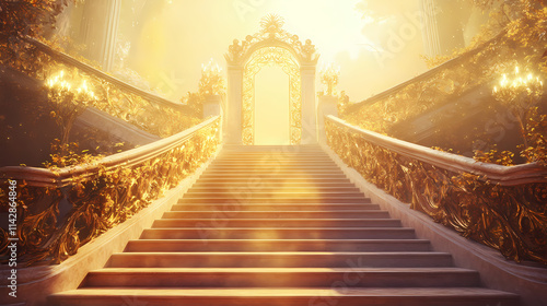 Heavenly staircase of golden steps, bathed in light and ending at a resplendent celestial gate. Resplendent. Illustration
