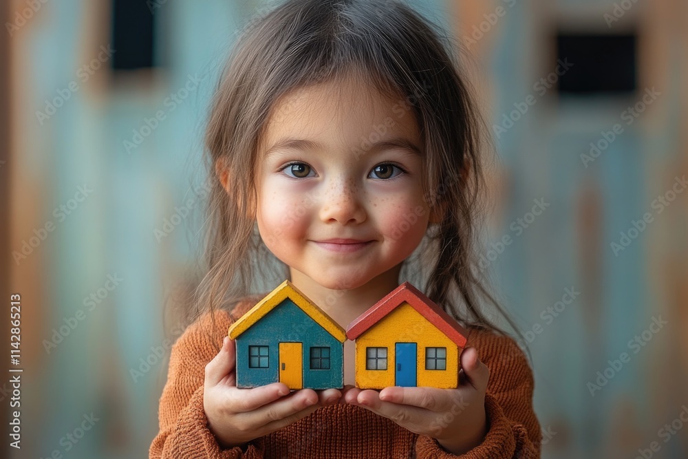 A young child holding two small wooden houses in her hands, possibly for play or as a toy A young child holding two small wooden houses in her hands, possibly for play or as a toy