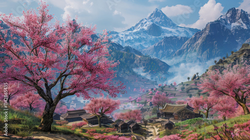 A landscape with blooming cherry trees against mountain backdrops.