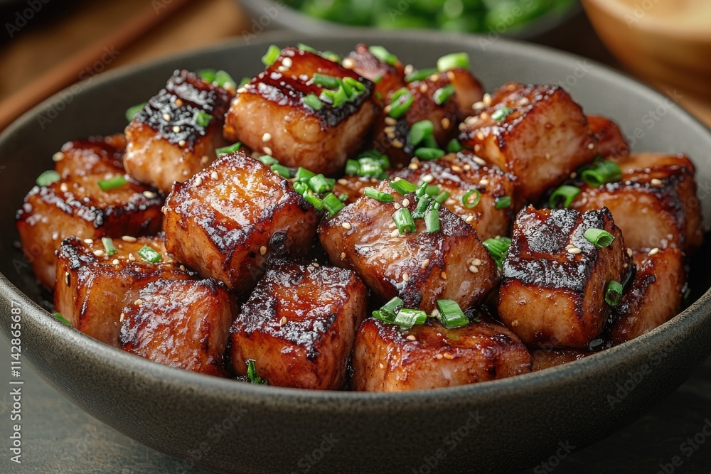 A bowl filled with meat covered in savory sauce A bowl filled with meat covered in savory sauce
