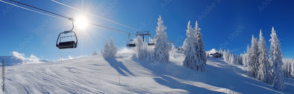 panoramic view of a mountain with ski lift full of snow in the sunlight panoramic view of a mountain with ski lift full of snow in the sunlight