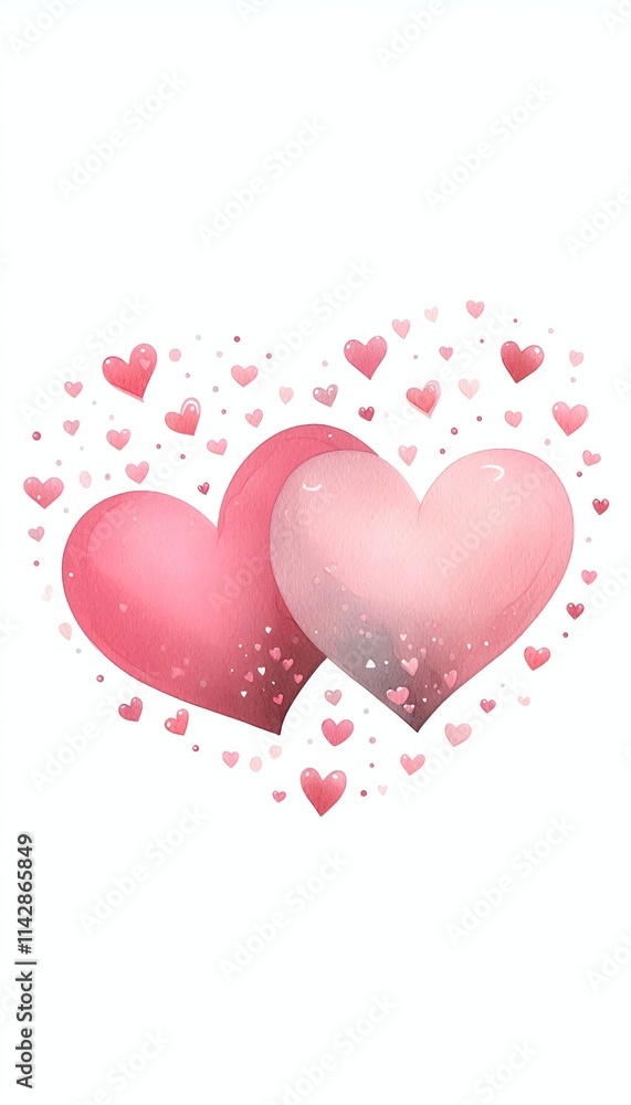 Watercolor illustration of two overlapping pink hearts with tiny hearts Watercolor illustration of two overlapping pink hearts with tiny hearts