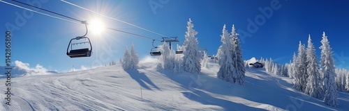 panoramic view of a mountain with ski lift full of snow in the sunlight