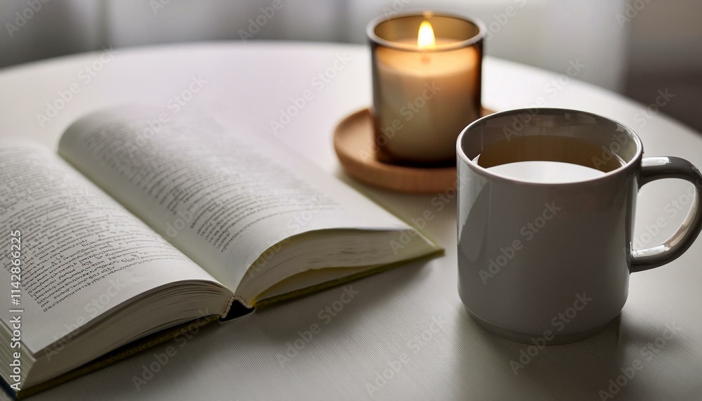 Naklejka premium A scene with a stylishly designed mug filled with hot tea, a small book and incense on the table creating a cozy atmosphere.