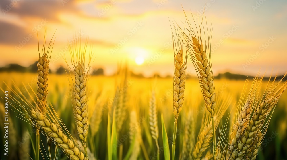 golden wheat field illuminated by the soft morning sun, with green stalks swaying gently against a backdrop of clouds in the clear sky, embodying a peaceful rural setting golden wheat field illuminated by the soft morning sun, with green stalks swaying gently against a backdrop of clouds in the clear sky, embodying a peaceful rural setting