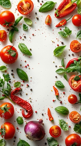 A vibrant arrangement of fresh vegetables and herbs on a white background.
