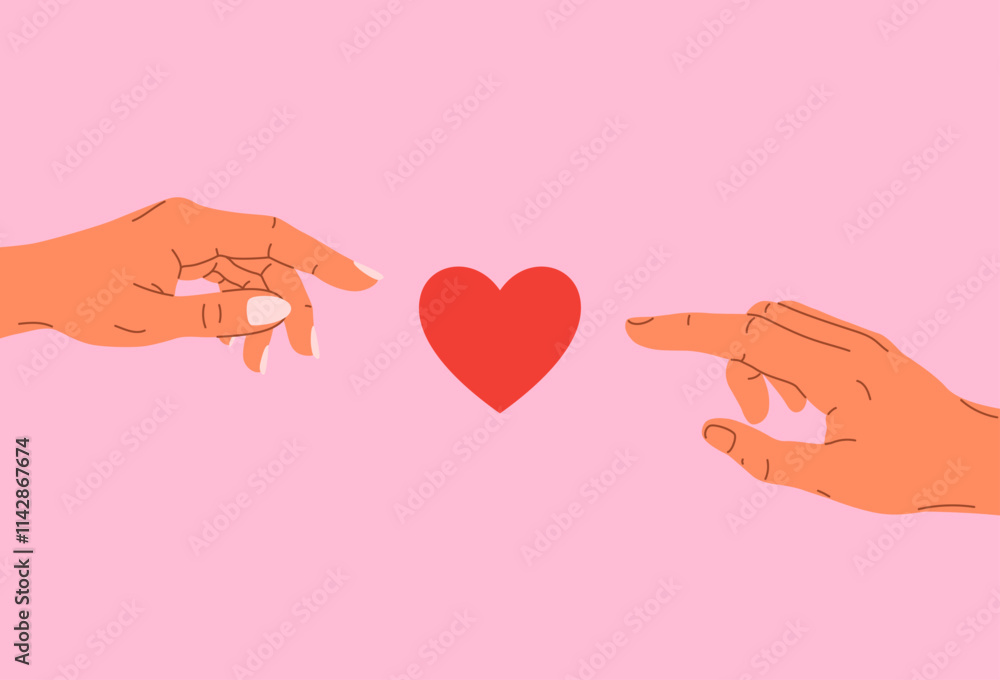 Hand drawn simple illustration of hands of couple pointing fingers on heart shape. Male and female hands reach out to the heart sign. Minimal Valentine's day design for poster, banner, card, web Hand drawn simple illustration of hands of couple pointing fingers on heart shape. Male and female hands reach out to the heart sign. Minimal Valentine's day design for poster, banner, card, web
