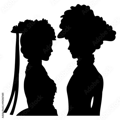 Profile silhouettes of two women in victorian dress talking to each other.
