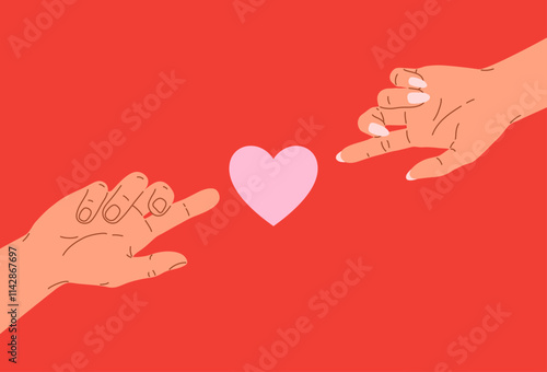 Hand drawn simple illustration of hands of couple pointing fingers on heart shape. Male and female hands reach out to the heart sign. Minimal Valentine's day design for poster, banner, card, web