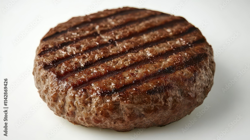 juicy grilled hamburger patty placed against a pure white background, showcasing textures and mouth-watering details, emphasizing the appeal of delicious food juicy grilled hamburger patty placed against a pure white background, showcasing textures and mouth-watering details, emphasizing the appeal of delicious food