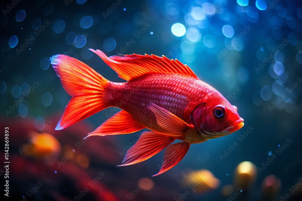 Obraz premium Red Neon Fish Aquarium, Vibrant Fish, Underwater Scene, Glowing Fish, Neon Tetra, Fish Tank, Aquatic Life, Red Fish Illustration, Digital Art, Fantasy Fish