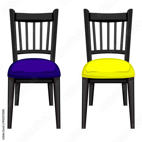 Two black chairs with blue and yellow cushions