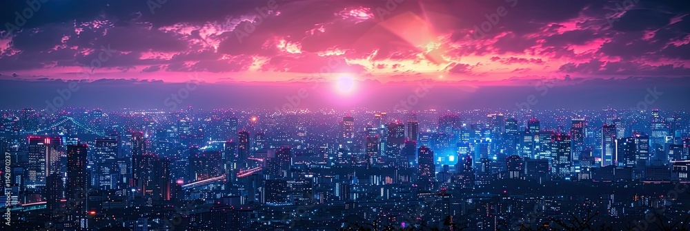 A vibrant city skyline at sunset, showcasing colorful lights and a dramatic sky. A vibrant city skyline at sunset, showcasing colorful lights and a dramatic sky.