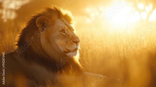 majestic lion basking in golden savanna light, its mane illuminated, capturing the essence of wildlife while leaving ample space for text or branding purposes photo