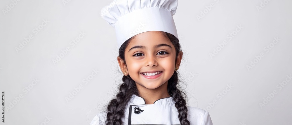 Adorable Little Girl Chef Smiling, Wearing White Chef Hat and Uniform Adorable Little Girl Chef Smiling, Wearing White Chef Hat and Uniform