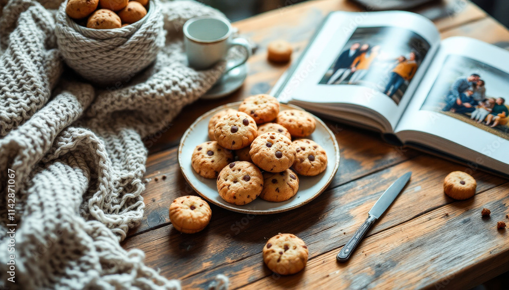Freshly baked cookies are placed beside an open photo album, inviting warm memories. The golden treats and colorful images create a cozy atmosphere filled with nostalgia and sweetness. Freshly baked cookies are placed beside an open photo album, inviting warm memories. The golden treats and colorful images create a cozy atmosphere filled with nostalgia and sweetness.