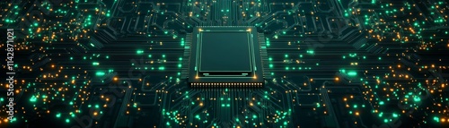 Futuristic circuit board design with glowing lights and a central processor showcasing digital innovation. photo