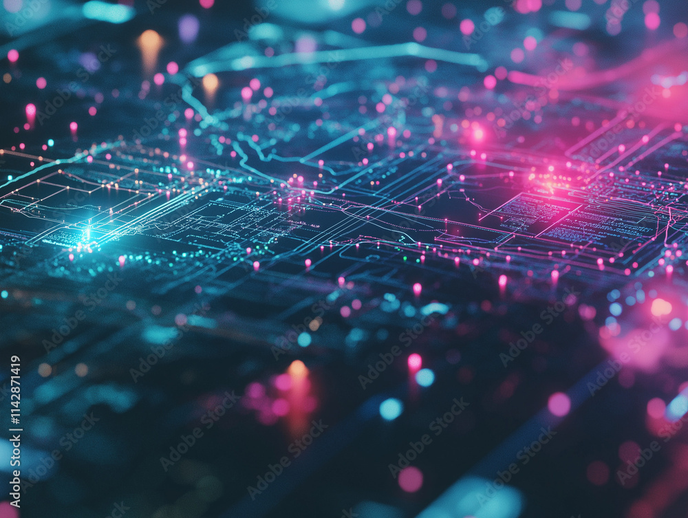 Digitale Weltkarte mit vernetzten Punkten in leuchtenden Farben

