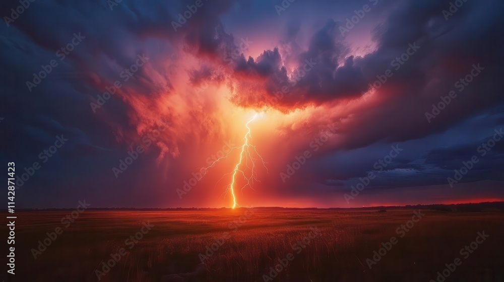 nature's raw power displayed as a lightning bolt strikes a storm cloud over an expansive field, illuminated by a fiery sunset, creating a dramatic and awe-inspiring scene nature's raw power displayed as a lightning bolt strikes a storm cloud over an expansive field, illuminated by a fiery sunset, creating a dramatic and awe-inspiring scene