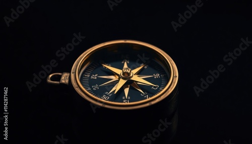 Close-up antique compass golden needle dark background. Vintage navigation tool. Adventure concept. Stylish object. Perfect travel photo. Suggests exploration. Useful for travel themes. Sophisticated photo