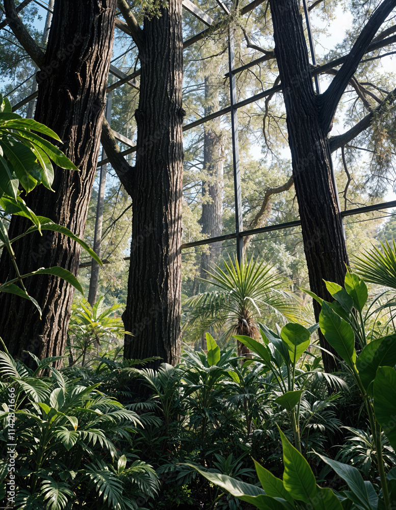 Naklejka premium A lush, dense forest with tall, towering trees and a variety of tropical plants and foliage in the foreground
