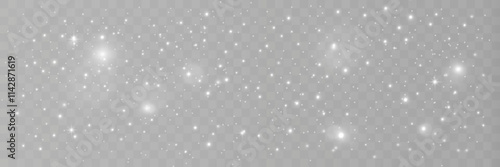 Sparkling white light particles on transparent background, glowing stars and dust effect, festive glitter overlay, magical illumination, digital abstract decoration.