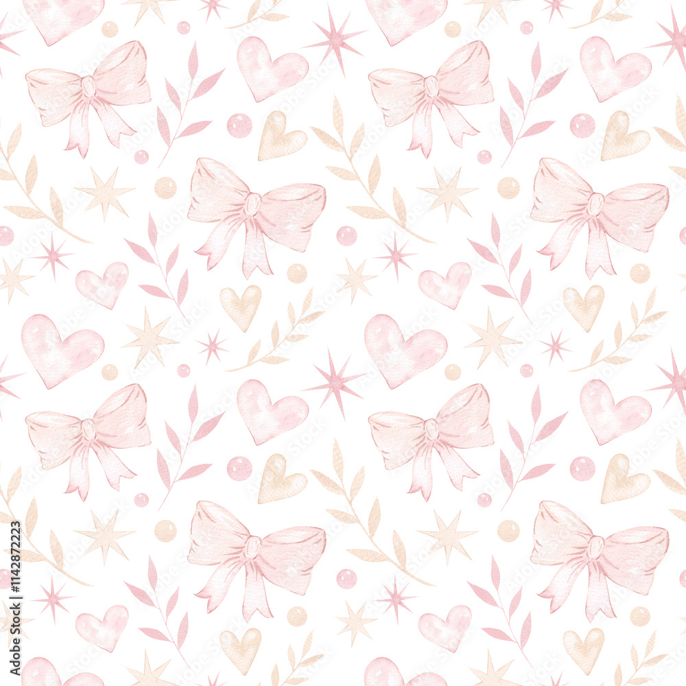 Fototapeta premium Watercolor seamless pattern with pink bows, stars, hearts. Cute gentle pink print for design and decoration. Children's gentle style, for little princesses. Wallpaper, design and decoration