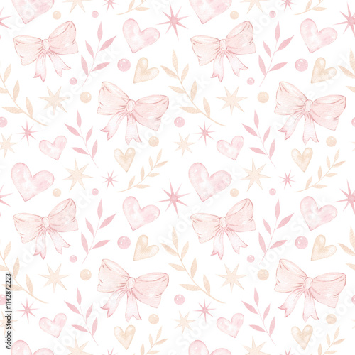 Watercolor seamless pattern with pink bows, stars, hearts. Cute gentle pink print for design and decoration. Children's gentle style, for little princesses. Wallpaper, design and decoration