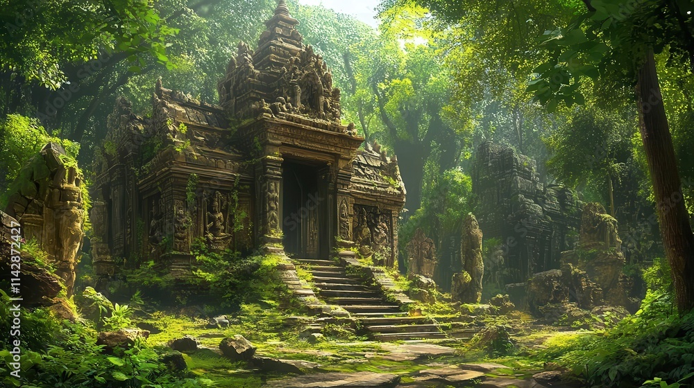 realistic depiction of an ancient temple nestled in a lush forest, with intricate carvings hidden among dense foliage, creating a mysterious and awe-inspiring atmosphere realistic depiction of an ancient temple nestled in a lush forest, with intricate carvings hidden among dense foliage, creating a mysterious and awe-inspiring atmosphere