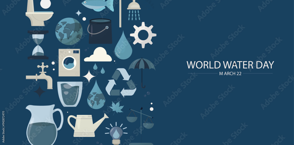 World Water Day March 22 Conservation Icons banner. collection of water-related icons featuring household items, sustainability symbols, and conservation elements on dark blue background. World Water Day March 22 Conservation Icons banner. collection of water-related icons featuring household items, sustainability symbols, and conservation elements on dark blue background.