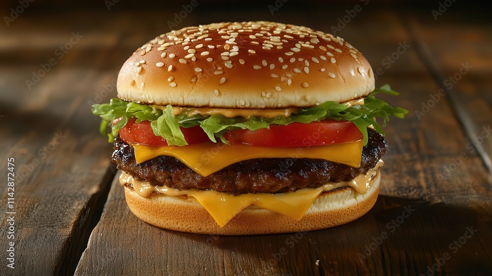 juicy hamburger stacked high with fresh toppings, served on a rustic wooden table, encapsulating the essence of comfort food and inviting culinary delight in a mouth-watering presentation juicy hamburger stacked high with fresh toppings, served on a rustic wooden table, encapsulating the essence of comfort food and inviting culinary delight in a mouth-watering presentation