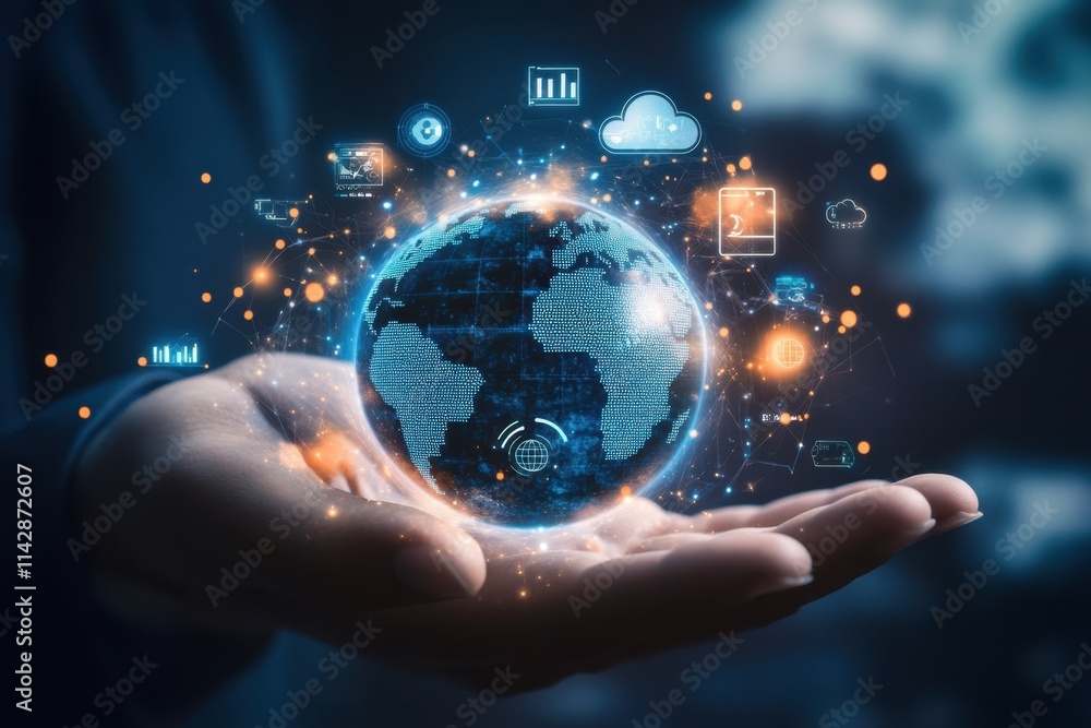 A hand holding the Earth with cloud technology icons floating above it, highlighting global connectivity and digital communication in business Generative AI A hand holding the Earth with cloud technology icons floating above it, highlighting global connectivity and digital communication in business Generative AI