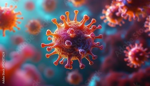 3D rendering of a close-up view of the virus on a background of red and blue colors photo