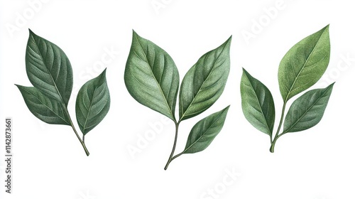 set of lush green leaves from a javanese treebine, isolated against a clean white background, emphasizing the unique shape and texture of the foliage in a botanical illustration style