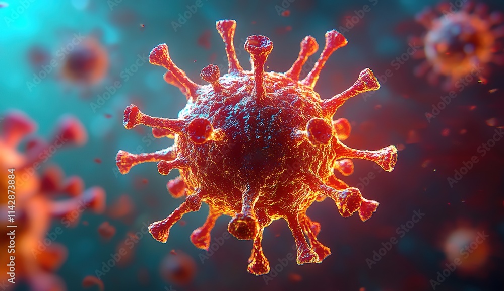 Obraz premium 3D rendering of a close-up view of the virus on a background of red and blue colors