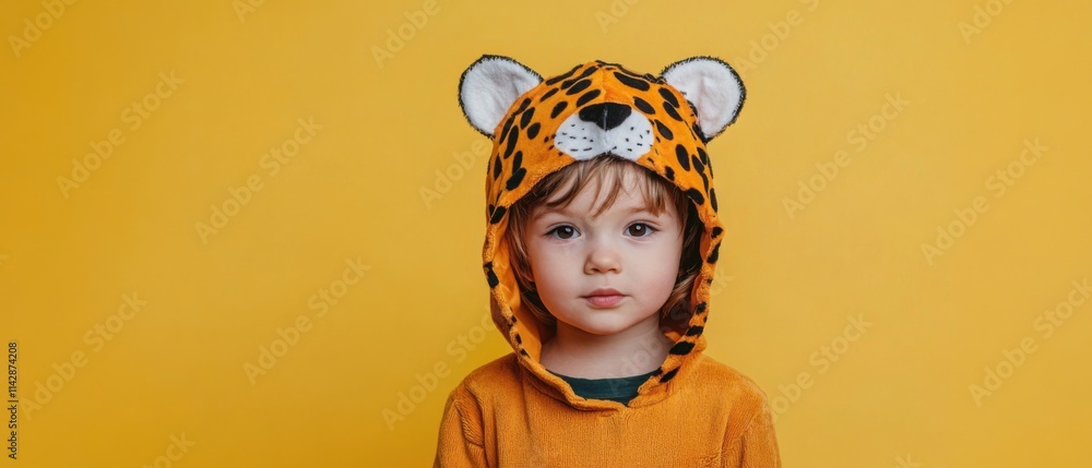 Adorable Toddler Posing in Cute Cheetah Hoodie Against Yellow Background