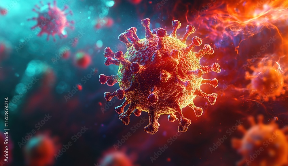 Obraz premium 3D rendering of a close-up view of the virus on a background of red and blue colors
