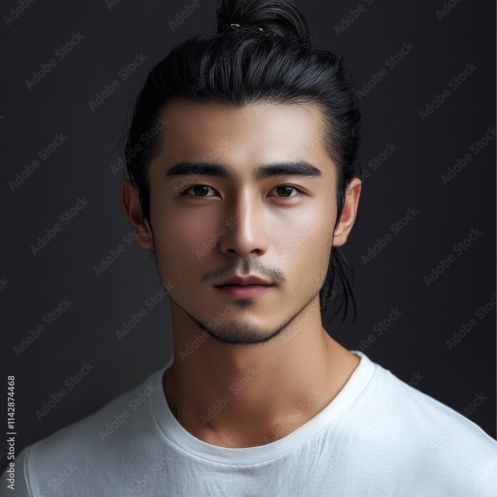 Portrait of a Young Man with Topknot Hairstyle Portrait of a Young Man with Topknot Hairstyle
