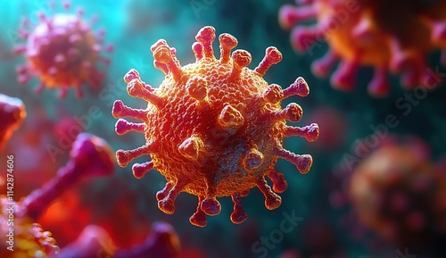 3D rendering of a close-up view of the virus on a background of red and blue colors photo