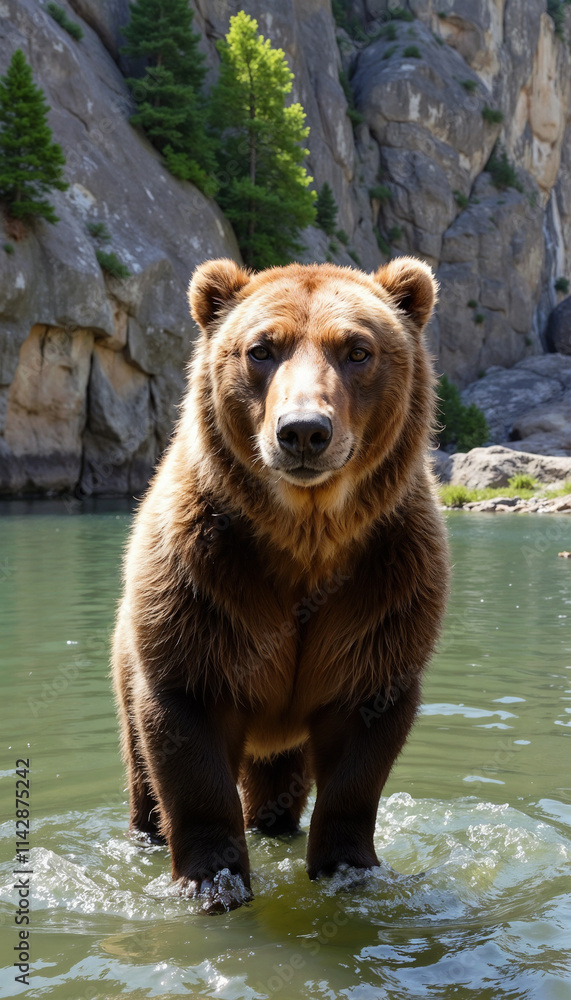 Majestic Brown Bear Standing in Mountain Stream Against Rocky Cliff Background