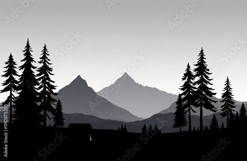 Mountain landscape with fir trees. Simple camping scene. Silhouette illustration. Dark and night scenery. Nature adventure. Tranquil view. Hiking or trekking. Camping vacation in forest. Eco friendly. photo