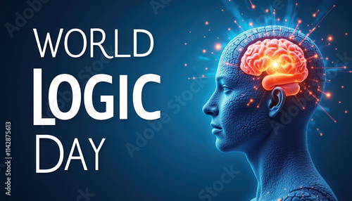 Stylish banner for World Logic Day showcasing a cognitive theme with a brain graphic on a navy blue background. photo