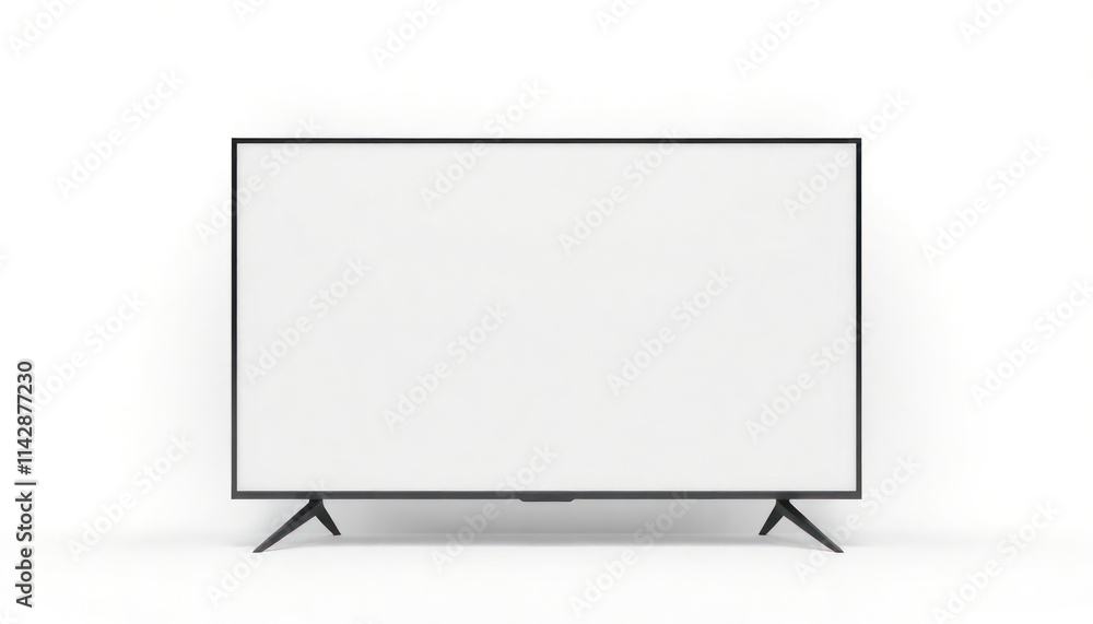 Modern smart TV mockup features blank screen on white background. Simple design. Versatile for interior design, marketing purposes, tech. Flat lay tech product presentation. Shows empty screen on Modern smart TV mockup features blank screen on white background. Simple design. Versatile for interior design, marketing purposes, tech. Flat lay tech product presentation. Shows empty screen on