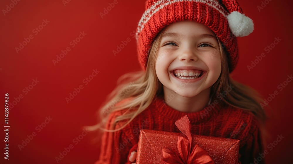 A young girl holds a bright red gift, smiling warmly A young girl holds a bright red gift, smiling warmly
