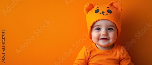 Fototapeta Naklejka Na Ścianę i Meble -  Adorable Baby in Orange Bear Hat Smiling Against Vibrant Background